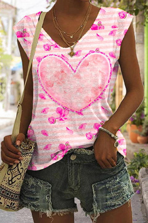 Striped Pink Heart Floral Print Tank Top