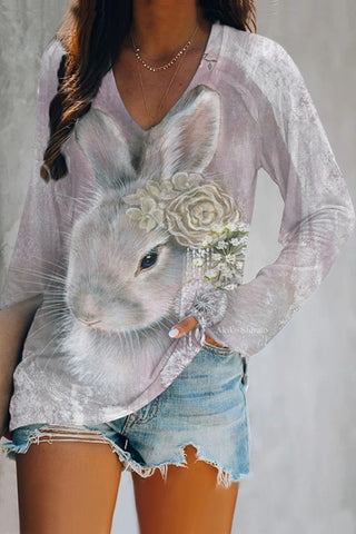 3D Vintage Pink Easter Bunny With Wreath Earring Printed V-neck Long Sleeve Tee