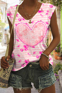 Striped Pink Heart Floral Print Tank Top