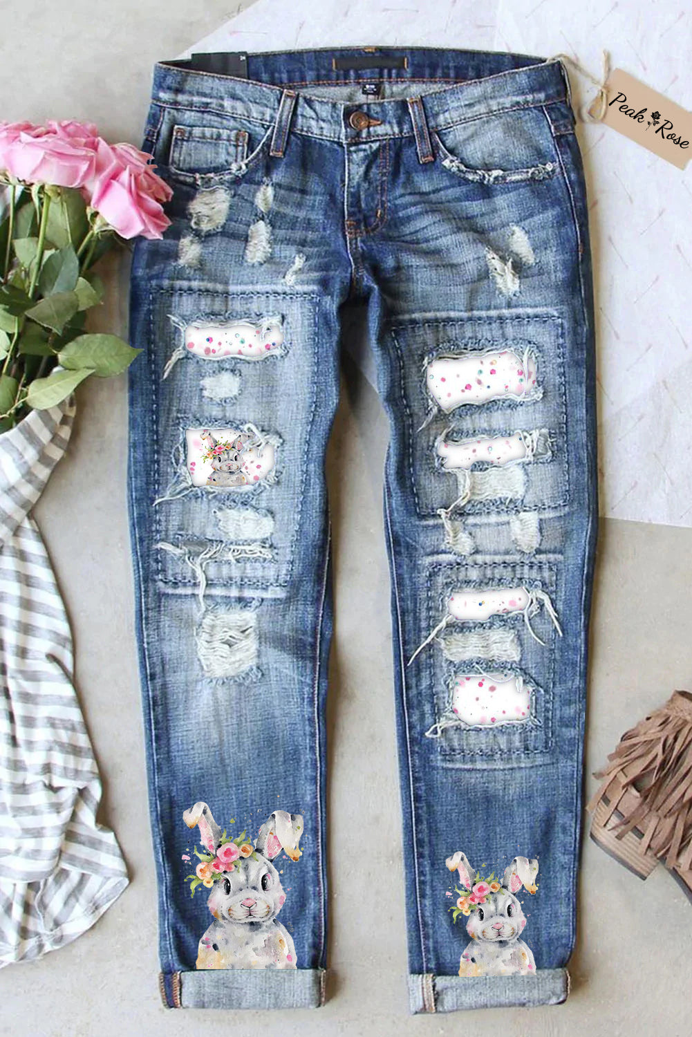 Bunny Rabbit Wearing Spring Flower Wreath  Multicolor Ink Dots Printed Casual Ripped Denim Jeans