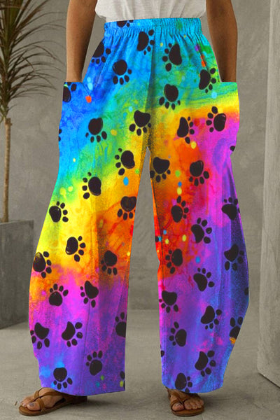 Cute Dog Paws Walk Over a Romantic Rainbow Loose Pockets Pants
