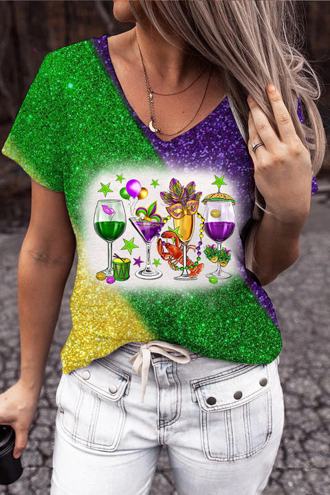 Mardi Gras Carnival Fat Tuesday Print V Neck Short Sleeve T-shirt