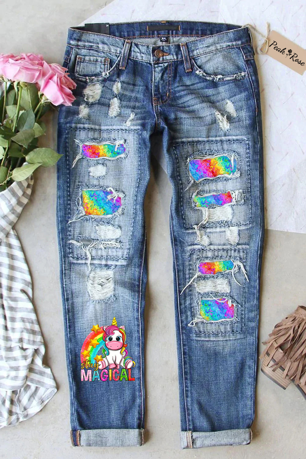 Stay Magical Unicorn Rainbow Tie Dye Printed Ripped Denim Jeans