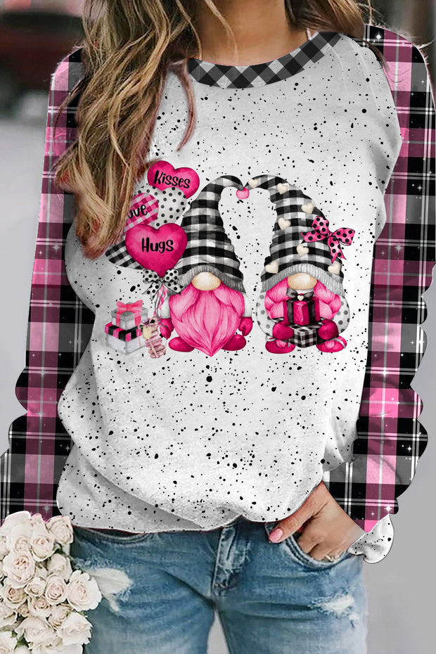 Gnomes Love Heart-Shaped Balloons Plaid Polka Print Sweatshirt