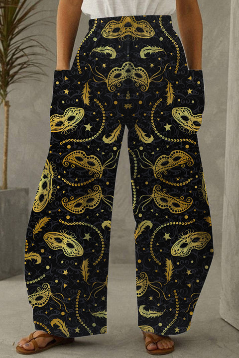 Mardi Gras Golden Mask Party Loose Pockets Pants