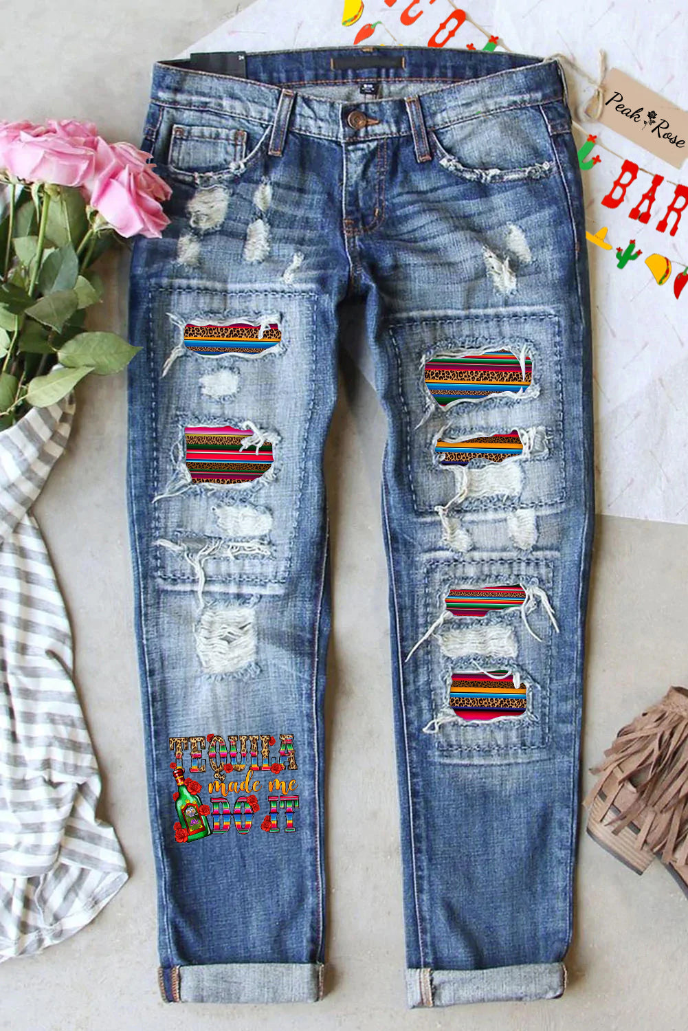 Tequila Made Me Do It Mexican Festival Printed Ripped Denim Jeans