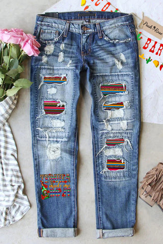 Tequila Made Me Do It Mexican Festival Printed Ripped Denim Jeans