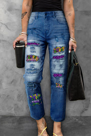 Casual Mardi Gras Mask With Beads Print Bleached Denim Jeans