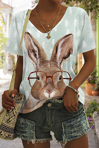 Casual Easter Bunny Rabbit With Red Glasses Print V Neck Short Sleeve T-shirt