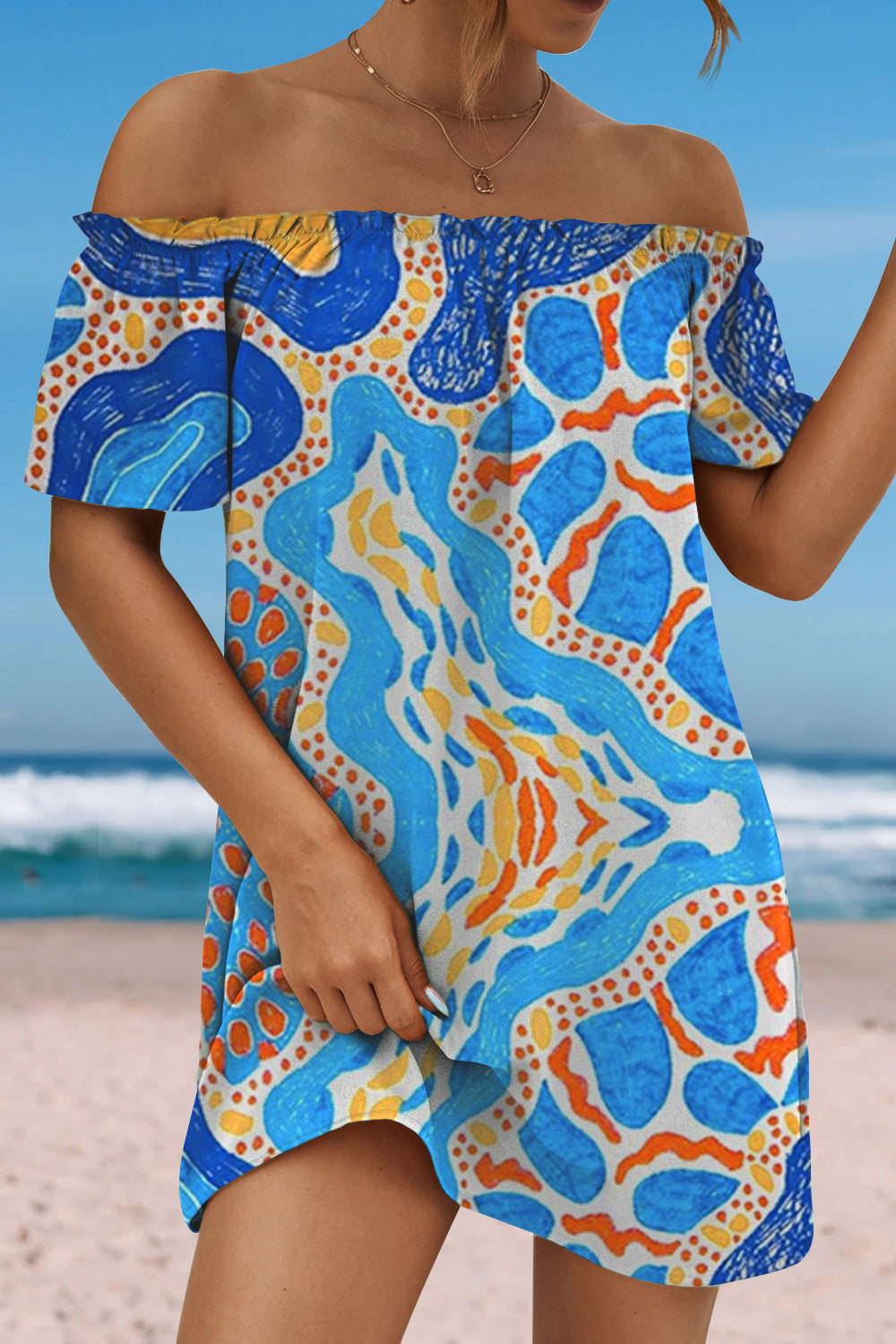 Beach Ocean Texture Pattern Ruffled Boat Neck Strapless Dress