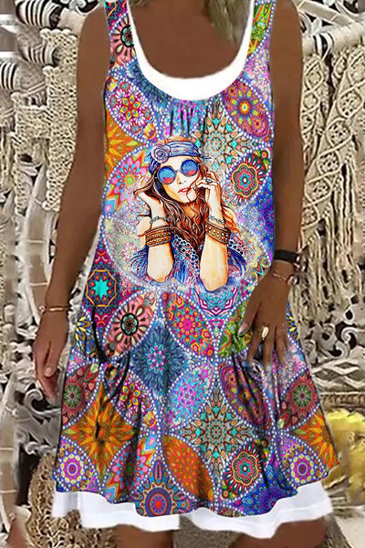 Retro Hippie Girl Boho Bohemia Printed Mock Two-Piece Tank Dress