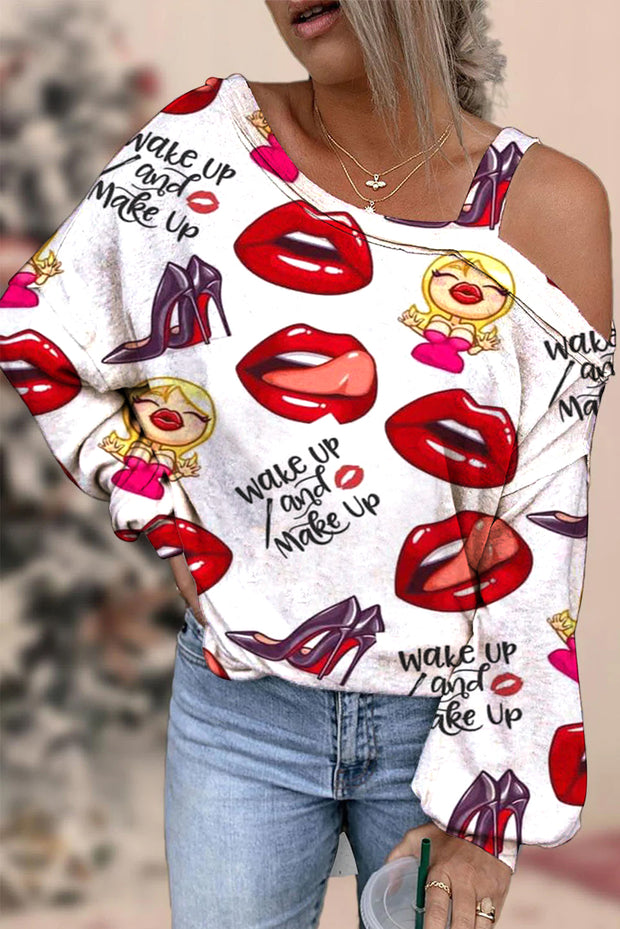 Wake Up And Make Up Print Off-shoulder Blouse