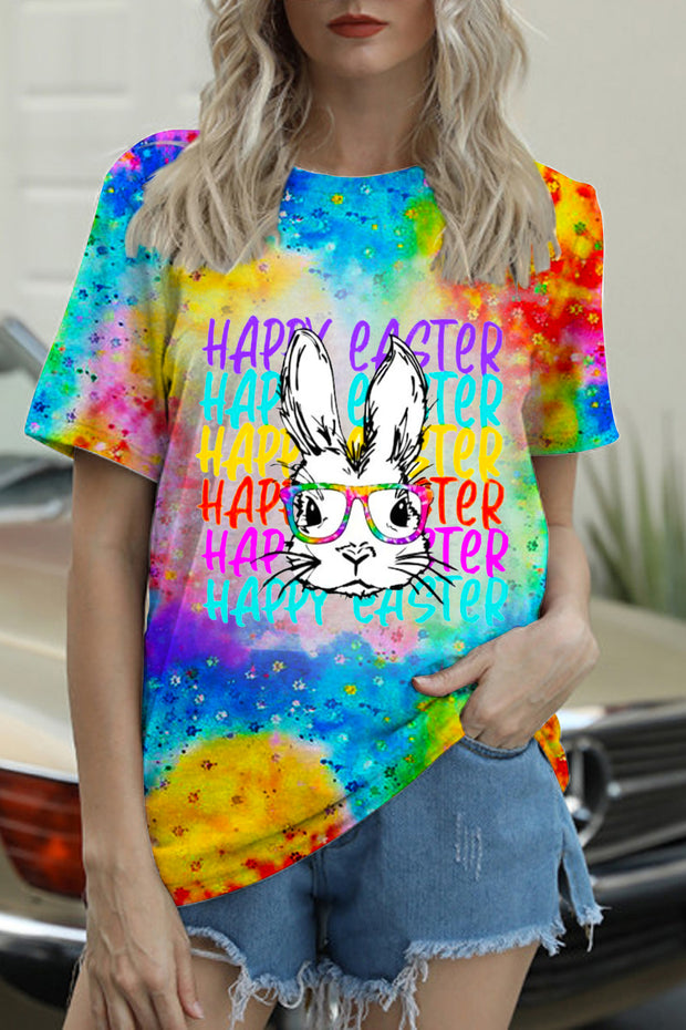 Happy Easter Rainbow Bunny With Glasses Bleached Print Round Neck T-shirt