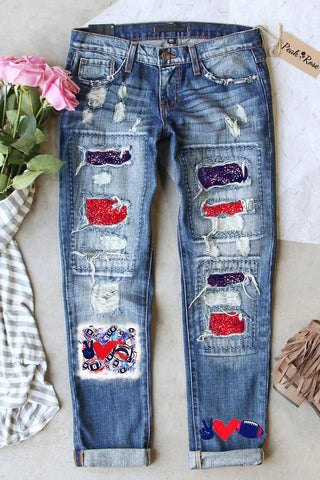 Red & Blue Contrasting Love & Peace Football Printed Ripped Denim Jeans