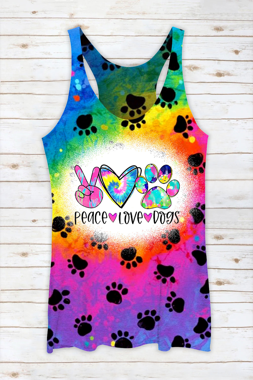 Cute Dog Paws Walk Over A Romantic Rainbow Peace Love Dogs Racerback Tank Top