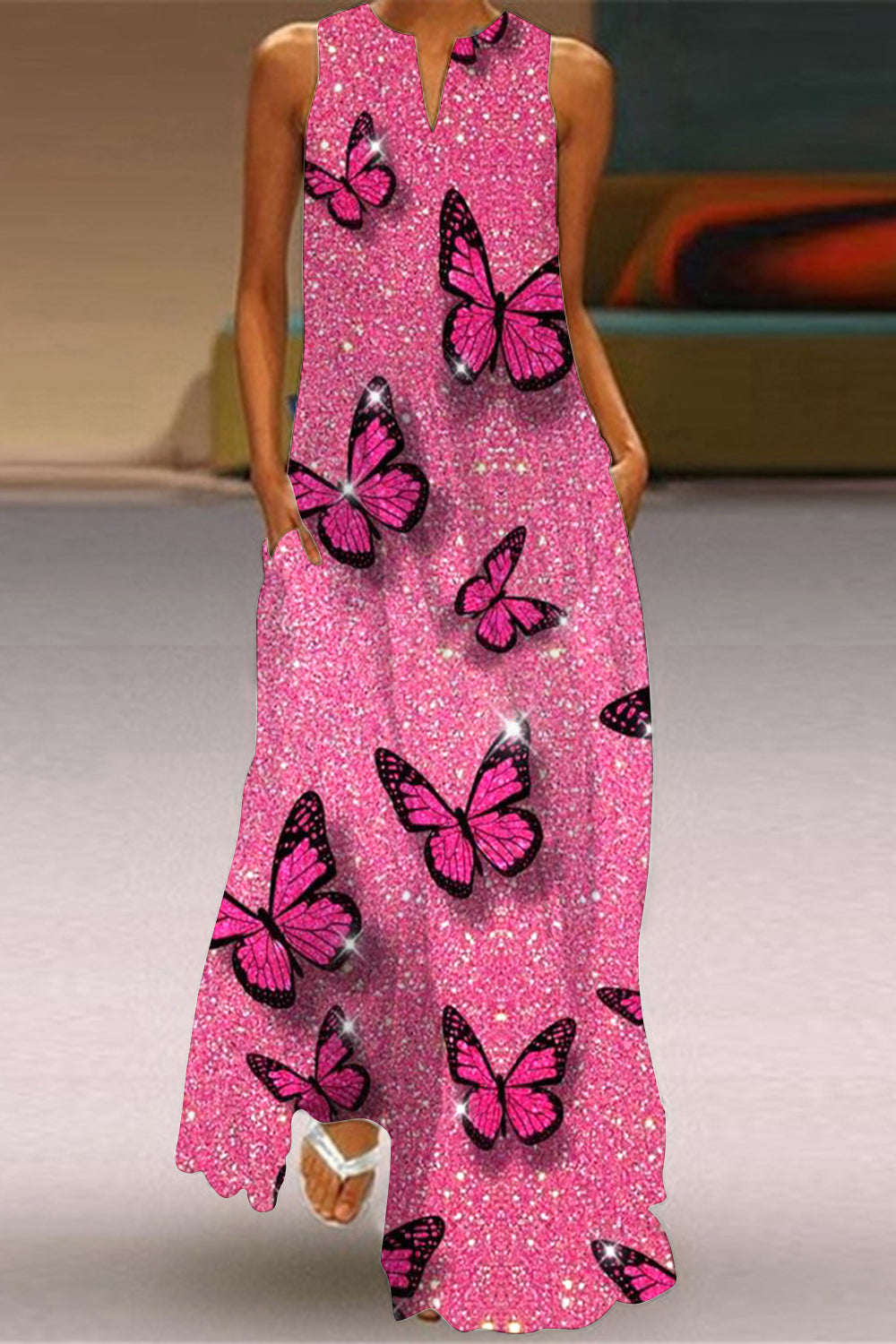 Pink Glitter Butterflies Sleeveless Maxi Dress