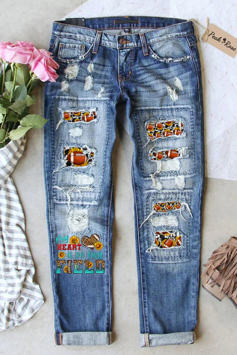 Sunflower Vintage Cow Pattern Football Pattern Ripped Denim Jeans