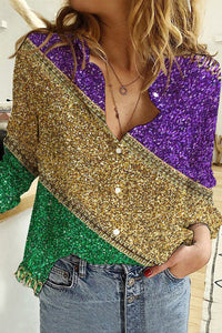 Retro Mardi Gras Carnival Purple Green And Gold Color Block Glitz Print Long Sleeve Shirt