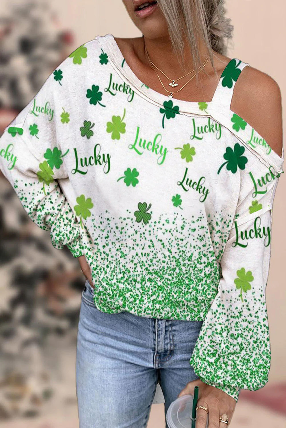 Green Glitter Lucky Leaf Clover Off-Shoulder Long-Sleeved Blouse