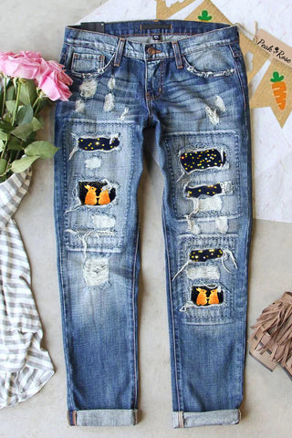 Cute Easter Bunnies Under The Black Starry Sky Printed Ripped Denim Jeans