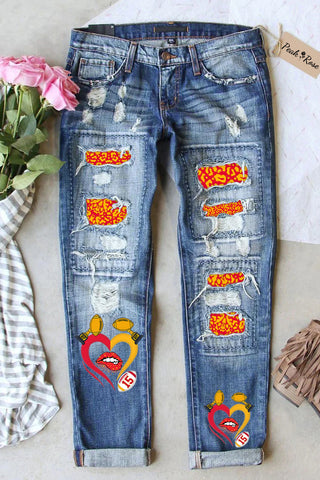 Red & Yellow Leopard Print Championship Trophy & Kiss Of Love Ripped Denim Jeans