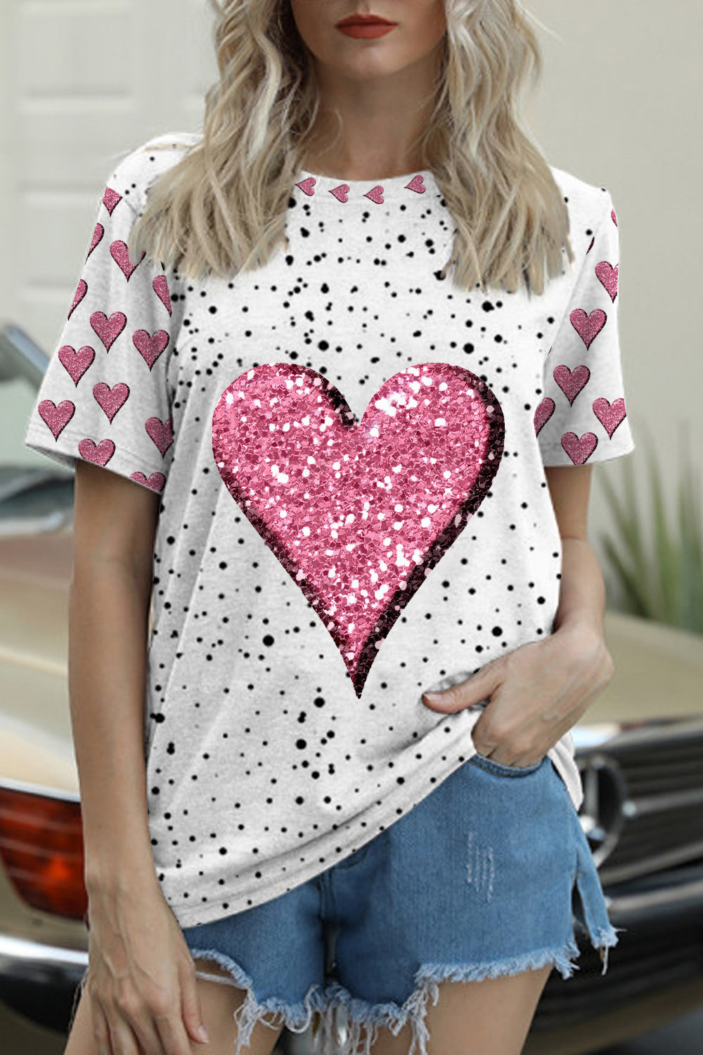 Pink Diamond Heart Short-sleeved T-shirt