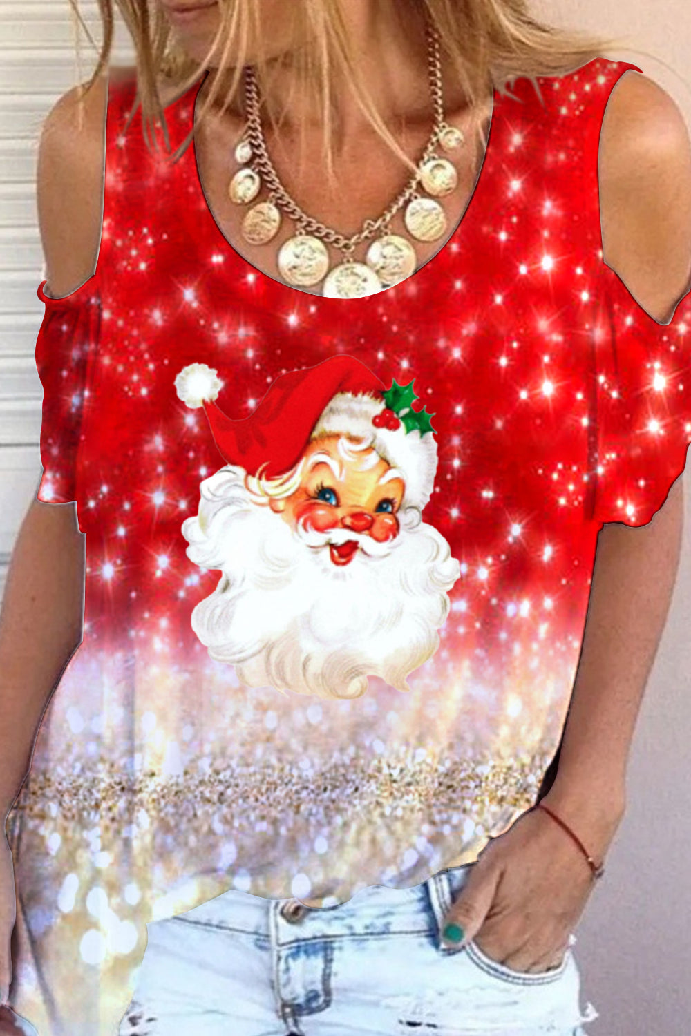 Red Glitter Christmas Santa Cold Shoulder T-Shirt