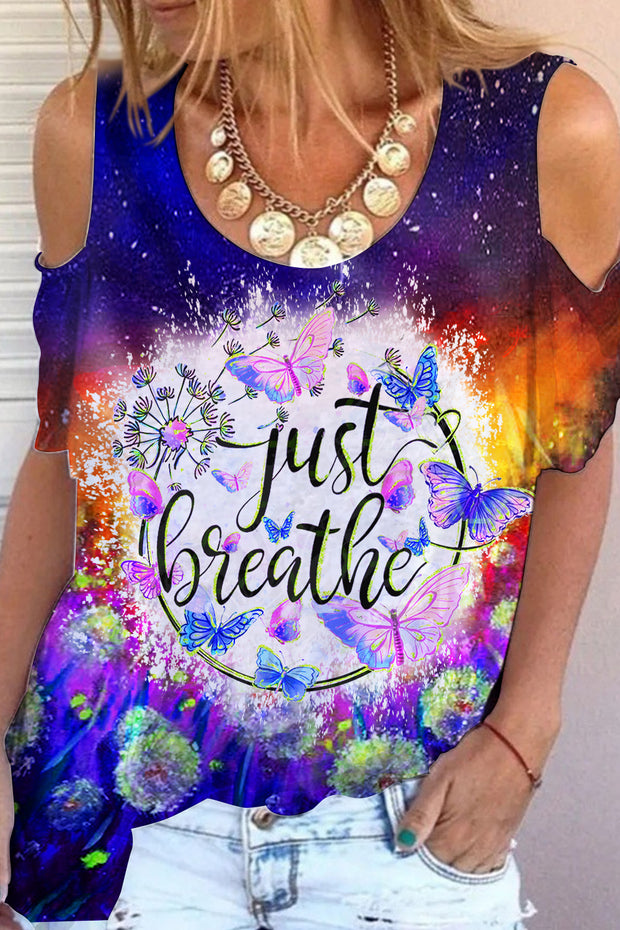 Trendy Oil Painting Vintage Flowers & Dandelion Just Breathe Cold Shoulder T-Shirt