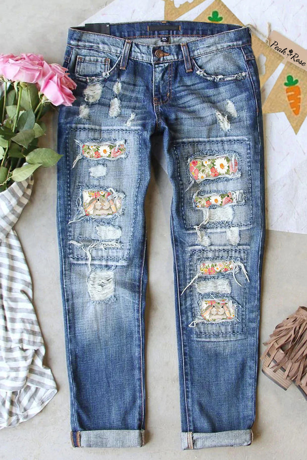 Happy Easter Bunny Watercolor Flower Garden Spring Floral Printed Ripped Denim Jeans