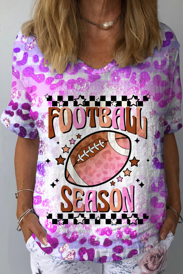 Tie Dye Gradient Leopard Stylish Checkerboard Football V Neck Short Sleeves Tee