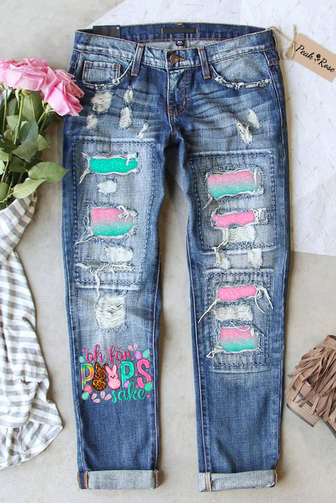 Oh For Peeps Sake Happy Easter Day Bunny Glitter Bleached Print Denim Jeans