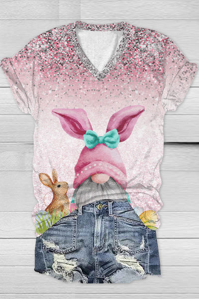 Easter Glitter Pink Rabbit Gnomes and Easter Eggs V Neck T-shirt