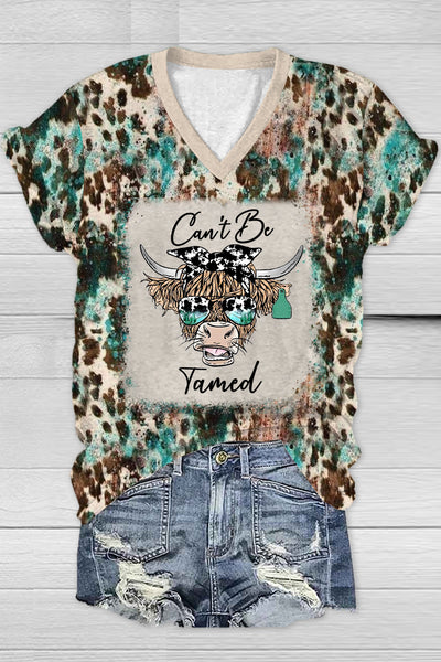Can't Be Tamed Heifer Highland Cow Turquoise Western Leopard Print V Neck T-shirt