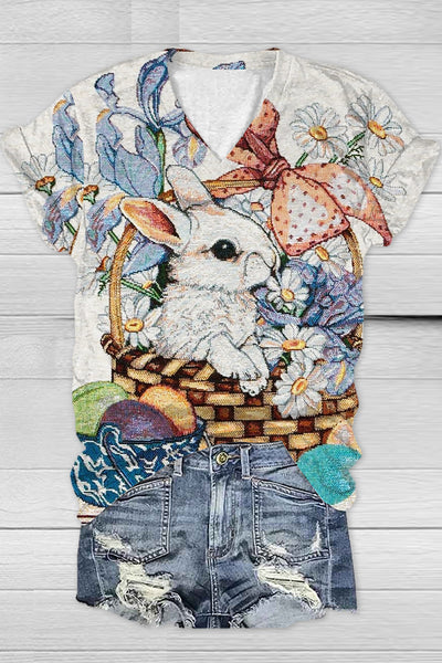 Flower Basket Flower Egg Gift Rabbit Flower Basket V Neck T-shirt