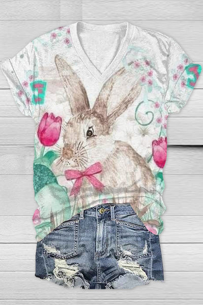 Happy Easter Day Bunny Floral Print V-neck T-shirt