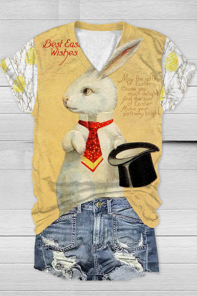 Rabbit With Bowler Hat Gentleman Yellow V Neck T-shirt