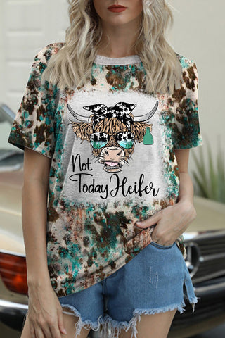 Not Today Heifer Highland Cow Western Leopard Print Round Neck T-shirt