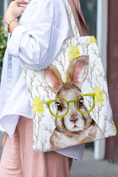 Cute Easter Bunny With Glasses In Easter Eggs Forest Printed Tote Bag