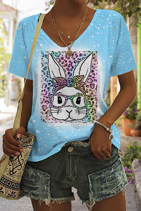 Rainbow Leopard Easter Bunny With Glasses Bleached Print V Neck T-shirt