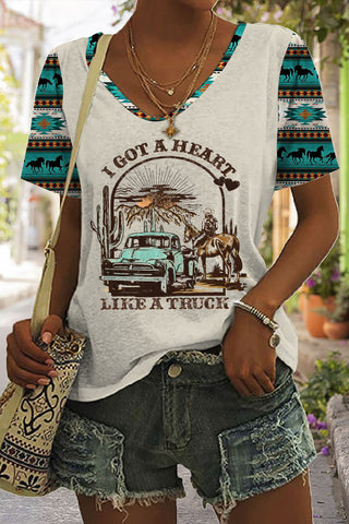 I Got A Heart Like A Truck Western Sunset Cowgirl Print V Neck T-shirt