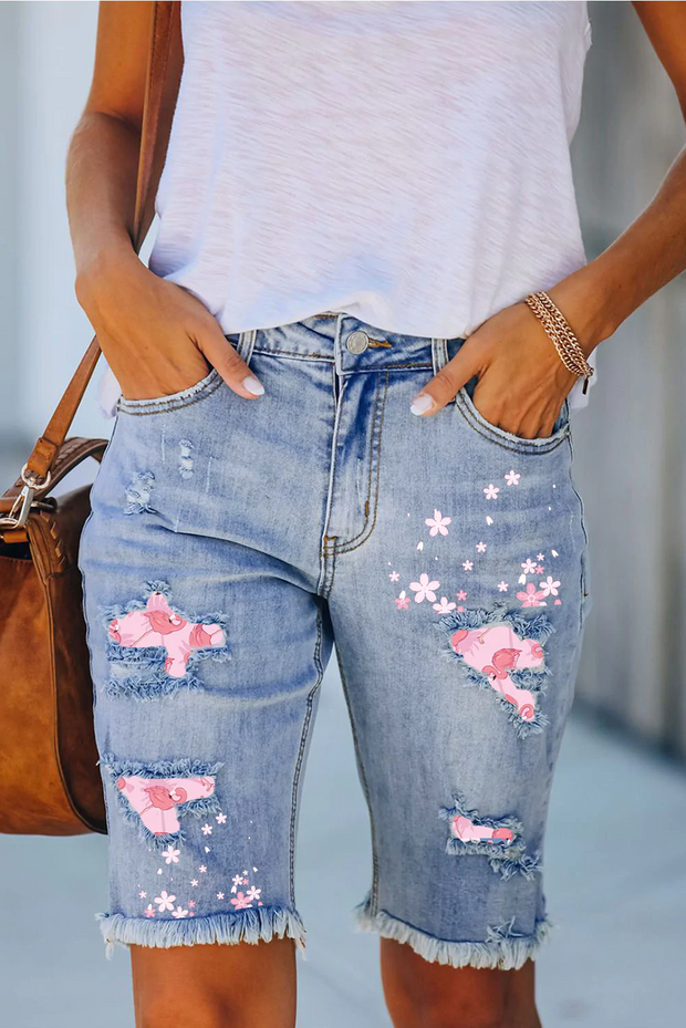 Flamingo Ripped Bermuda Denim Shorts