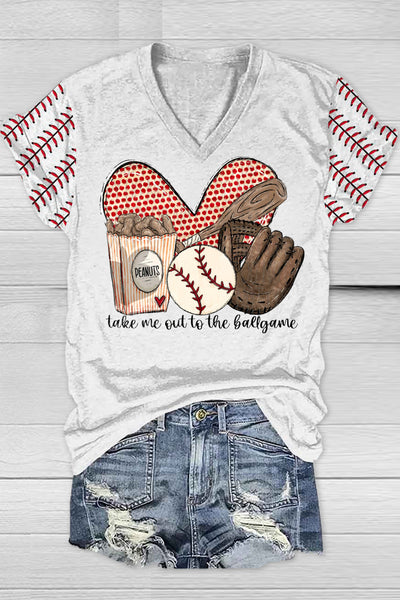 Take Me Out To The Ballgame  Baseball Printed V Neck T-shirt