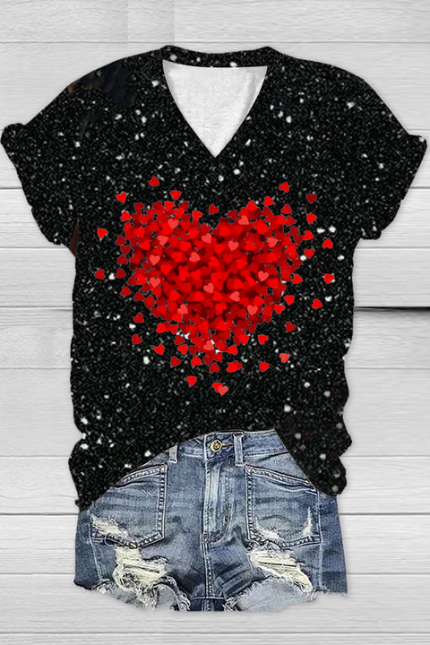 Glitter Splatter Heart-Shaped V-Neck T-Shirt