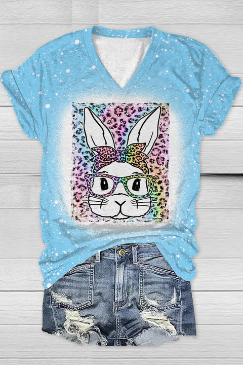 Rainbow Leopard Easter Bunny With Glasses Bleached Print V Neck T-shirt