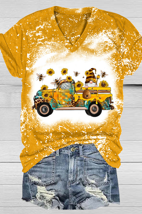 Western Gnomes Truck With Bees And Sunflowers Plaid Bleached V-Neck T-Shirt