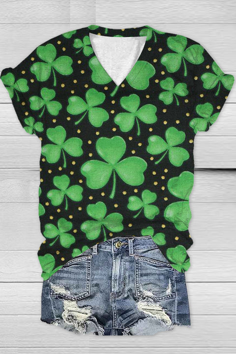 Casual Lucky Green Shamrocks Printed V-neck T-shirt