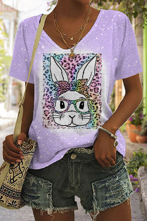 Rainbow Leopard Easter Bunny With Glasses Bleached Print V-Neck T-shirt