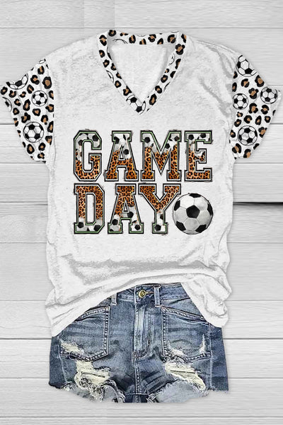 Game Day Soccer Ball Leopard Print V-Neck T-Shirt