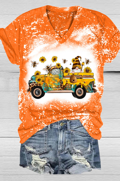 Western Gnomes Truck With Bees And Sunflowers Plaid Bleached V-Neck T-Shirt