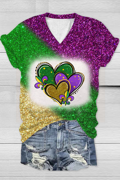 Mardi Gras Glitter Hearts Print Tie Dye Bleached Short-sleeved T-shirt